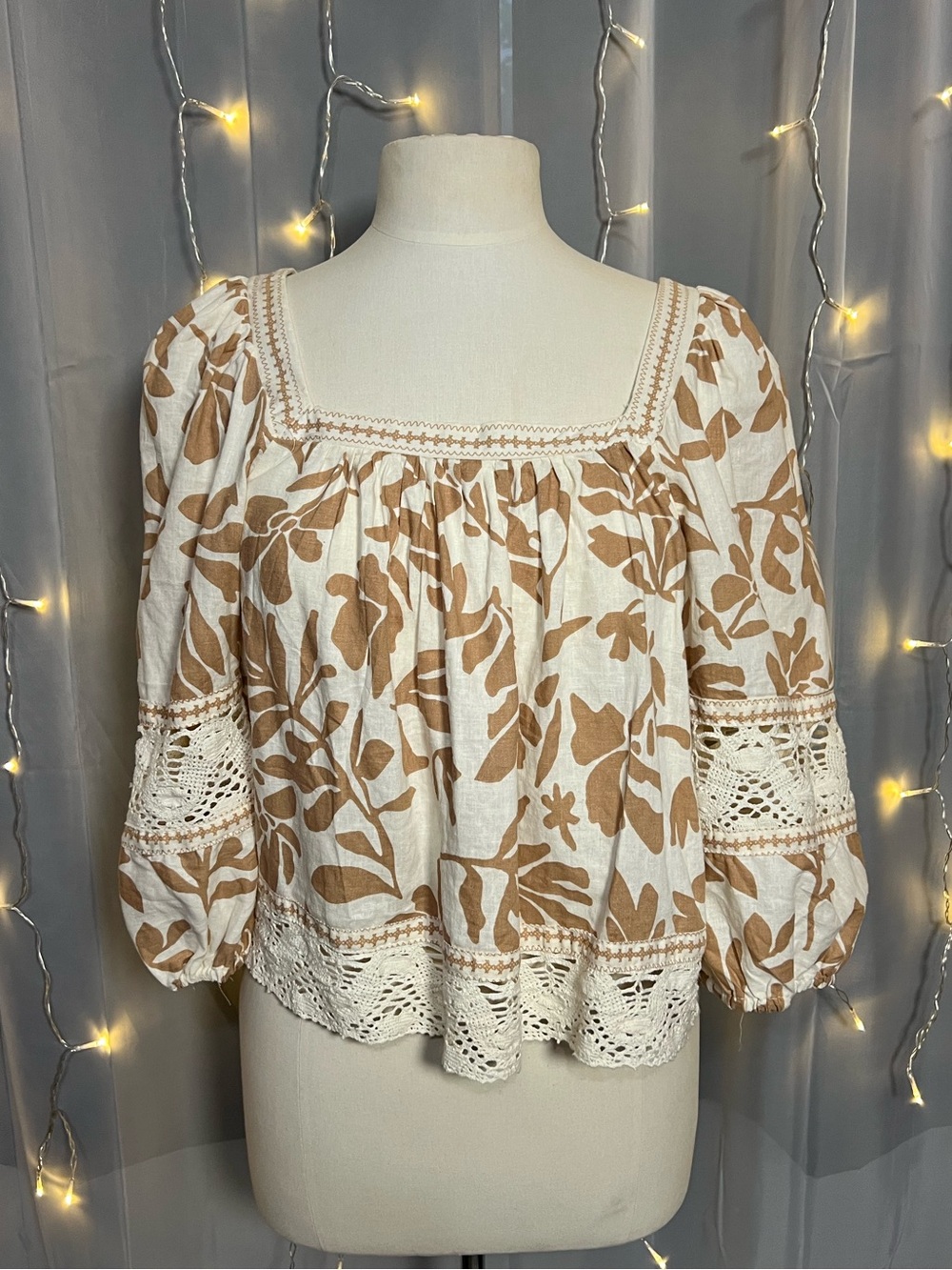 Christian Siriano New York Linen Blend Square Neck Eyelet‎ Lace Trim Blouse M